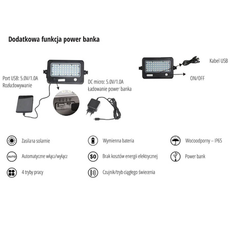 Naświetlacz Solarny LED HALOGEN 10W 4000K 1100lm KOBI Czujnik Ruchu Power Bank