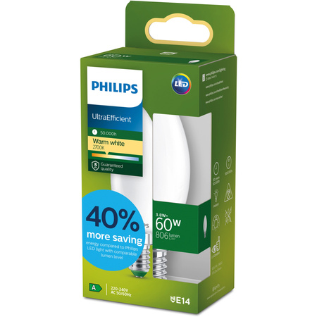Żarówka LED E14 Świeczka B35 3.8W = 60W 806lm 212lm/W 2700K Ciepła 300° KLASA A UltraEfficient Philips