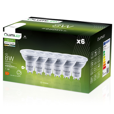 6x Żarówka LED GU10 Reflektor PAR16 8W = 80W 650lm 4000K Neutralna 36° Ściemnialna LUMILED