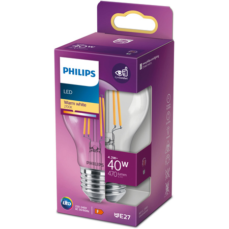 Żarówka LED E27 A60 4.3W = 40W 470lm 2700K Ciepła FILAMENT LED Classic Philips
