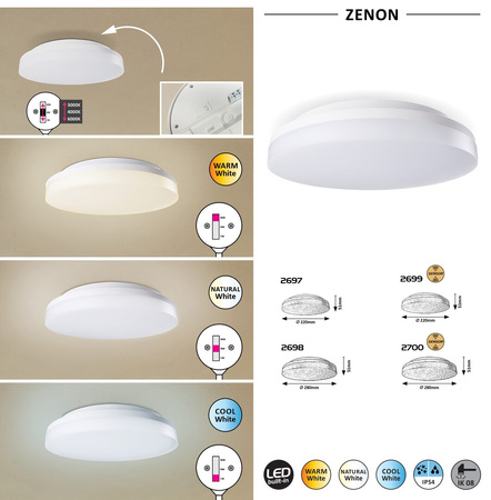 Plafon LED Lampa Sufitowa Oprawa Ścienna Natynkowa 24W 2400lm 3000-6000K CCT Biały IP54 Industrialny Zenon 2698 Rabalux