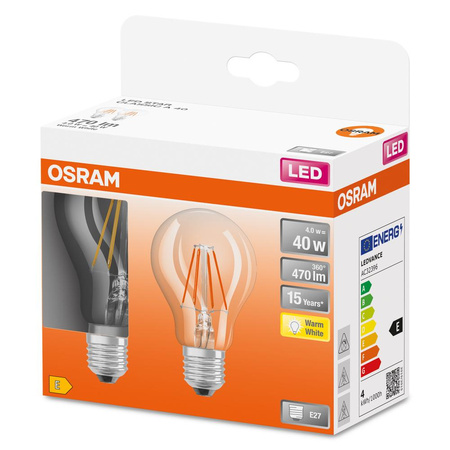 2x Żarówka LED A60 E27 4W = 40W 470lm 2700K Ciepła 300° Retrofit Filament CLASSIC Osram
