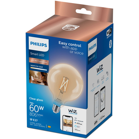 Żarówka LED E27 Kula G125 7W = 60W 806lm 2700-6500K TW FILAMENT Inteligentna SMART WiFi Bluetooth Aplikacja WiZ Philips