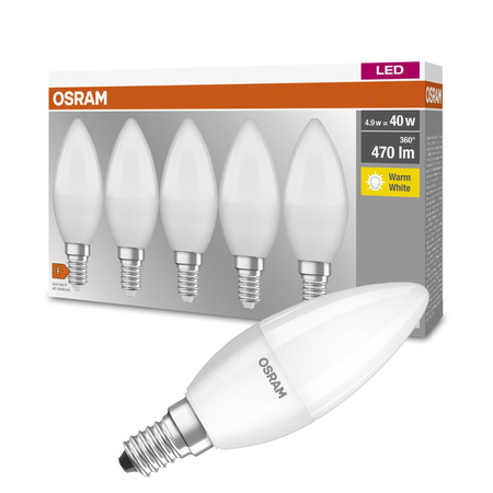 5PAK Żarówka LED E14 B35 4,9W = 40W 470lm 2700K Ciepła OSRAM Base