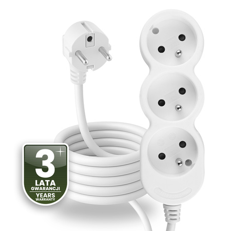 Przedłużacz Sieciowy Kabel z Uziemieniem Listwa Zasilająca 3 Gniazda 3m Biały Sznur Lendo Lumiled