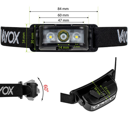 Latarka Czołowa Akumulatorowa 100lm 100LM LED + 2XLED 5 Trybów Pracy VAYOX