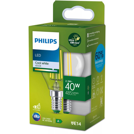 Żarówka LED E14 Kulka P45 2.3W = 40W 485lm 210lm/W 4000K Neutralna 300° KLASA A UltraEfficient Philips