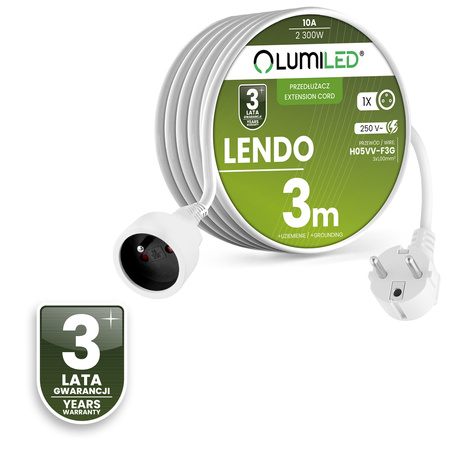 Przedłużacz Sieciowy Kabel z Uziemieniem Listwa Zasilająca 1 Gniazdo 3m Biały Sznur Lendo Lumiled