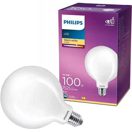 Żarówka LED Globe E27 G120 10.5W = 100W 1521lm 2700K Ciepła Filament Mleczna PHILIPS
