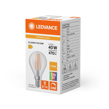Żarówka LED Kulka E14 P45 4.2W = 40W 470lm 2700K Ciepła 320° CRI97 Ściemnialna Ledvance