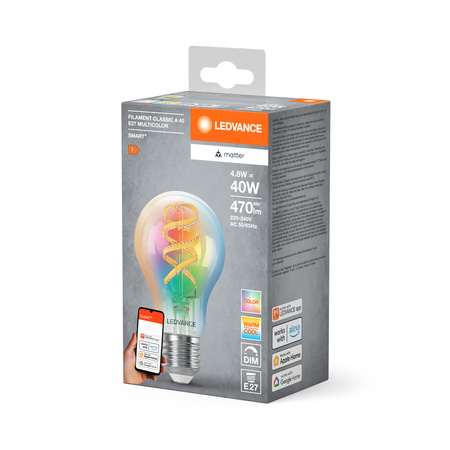 Żarówka LED E27 4.8W = 40W 470lm RGBW CCT Ściemnialna SMART+ WiFi Filament Classic Ledvance