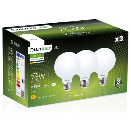 Zestaw 3x Żarówka LED E27 G95 8W = 75W 4000K Neutralna Globe Mleczny Filament LUMILED