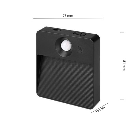 Lampa LED Akumulatorowa 0.6W 85lm 3000/4000/6500K CCT 90° z Czujnikiem Ruchu Ściemnialna Czarny Poli Masterled