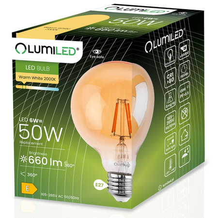 Zestaw 3x Żarówka Dekoracyjna Kulista LED E27 G95 6W = 50W 660lm 2000K Ciepła 360° Filament LUMILED Globe Amber