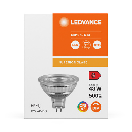 Żarówka LED MR16 GU5.3 6.6W = 43W 500lm 4000K Neutralna Biała 12V FILAMENT ŚCIEMNIALNA LEDVANCE