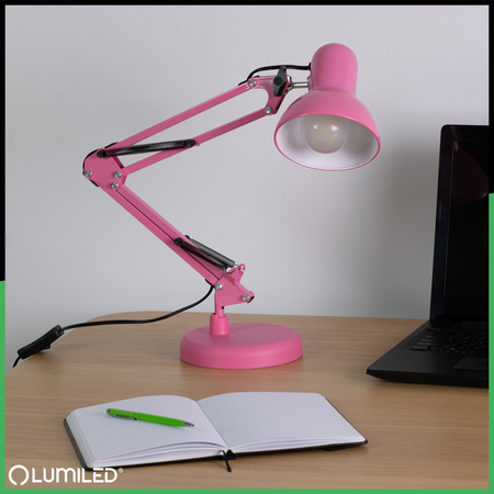 Lampka Biurkowa Kreślarska Stołowa E27 TOBI Różowa Lumiled + uchwyt na blat