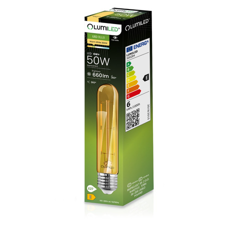6x Żarówka LED E27 T30 6W = 50W 660lm 3000K Ciepła 360° Amber Filament LUMILED