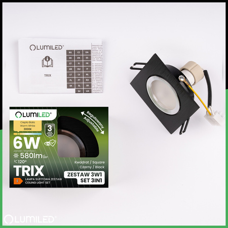 Oprawa Halogenowa Podtynkowa Kwadratowa Ruchoma TRIX 3w1 GU10 6W 3000K Czarny LUMILED
