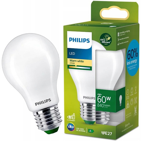 Żarówka LED E27 A60 210lm/W 4W = 60W 840lm 2700K Ciepła Filament Mleczna PHILIPS Ultra Efficient