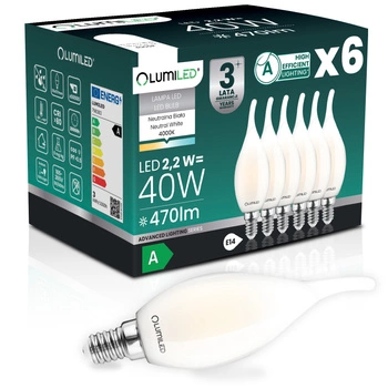 6x Żarówka LED E14 Świeczka BA35 2,2W 470lm = 40W 4000K Neutralna 360° Filament KLASA A LUMILED