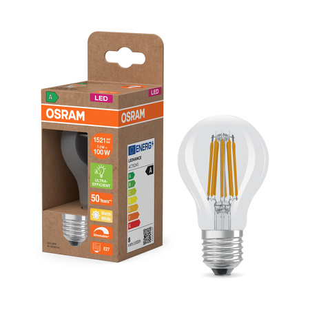 Żarówka LED E27 A60 7.2W = 100W 1521lm 2700K Ciepła 300° Filament Ściemnialna KLASA A Ultra Efficient Osram