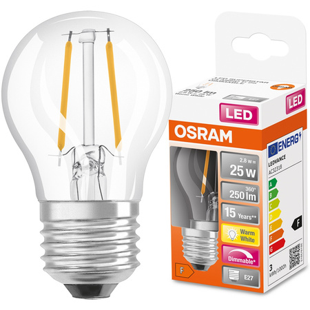 Żarówka LED E27 P45 2,8W = 25W 250lm 2700K 320° Filament Ściemnialna OSRAM SUPER STAR