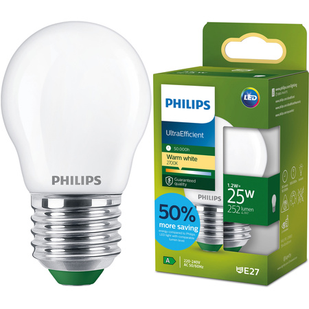 Żarówka LED E27 Kulka P45 1.2W = 25W 252lm 210lm/W 2700K Ciepła 300° KLASA A UltraEfficient Philips