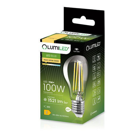 Żarówka LED E27 A60 11W = 100W 1521lm 3000K Ciepła 360° FILAMENT LUMILED