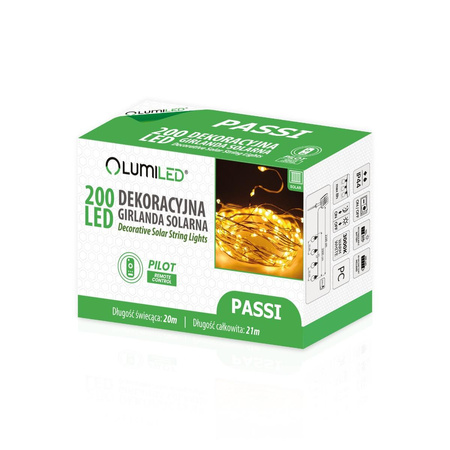Girlanda Solarna Ogrodowa 200x LED Ozdobna 21m Ciepła 3000K + Pilot PASSI LUMILED