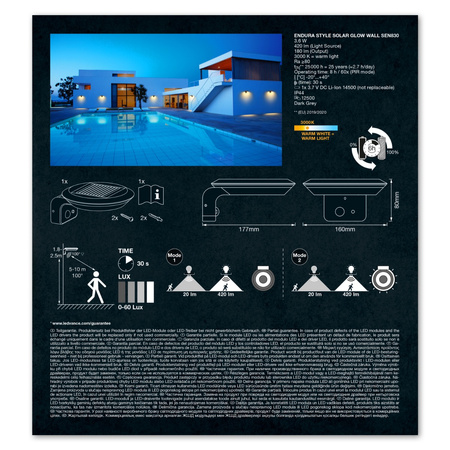 Lampa Solarna Ogrodowa Zewnętrzna Kinkiet Elewacyjny LED 3.6W 180lm 3000K IP44 Szary Z Czujnikiem Ruchu i Zmierzchu Endura Ledvance