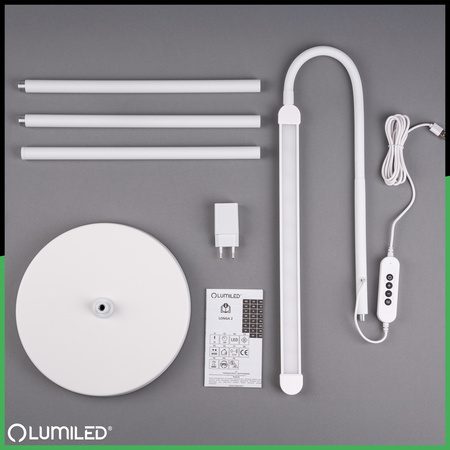 Lampa Stojąca Podłogowa Stołowa LED 14W CCT Ściemnialna z Regulacją Wysokości LONGA 2 Biała LUMILED