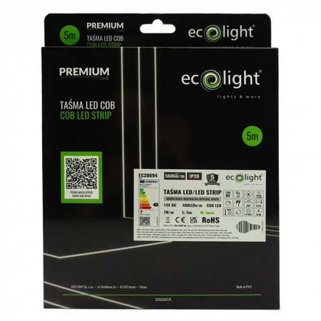Taśma LED Pasek COB 7W/m 560lm/m 480LED/m 12V 4000K Neutralna IP20 Rolka 5m Ecolight