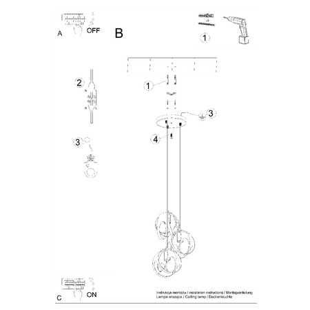Lampa Sufitowa Wisząca Zwis 3x E27 Kulista Czarna Nowoczesna Tulos Sollux