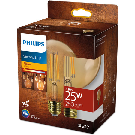 Żarówka LED E27 Kula G95 3W = 25W 250lm 1800K Ciepła 330° FILAMENT Vintage Bursztynowy Decorative Philips