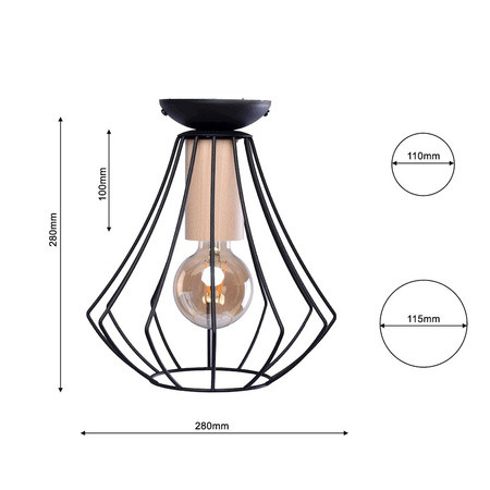 Lampa sufitowa żyrandol WILL 1x E27 LOFT Czarna Metal + drewno Milagro