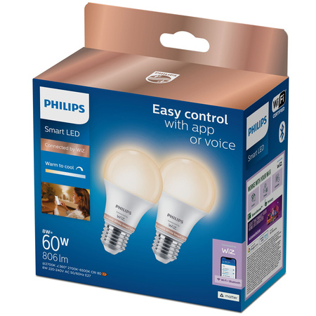 2x Żarówka LED E27 A60 8W = 60W 806lm 2700-6500K TW Inteligentna SMART WiFi Bluetooth Aplikacja WiZ Philips