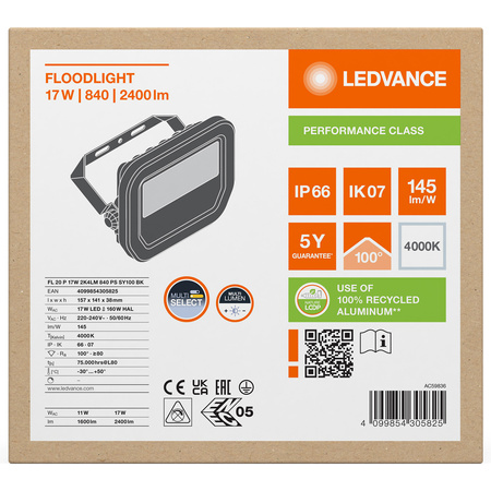 Naświetlacz LED Reflektor Zewnętrzny Lampa 17W 2400lm 4000K IP66 Czarny Floodlight Ledvance