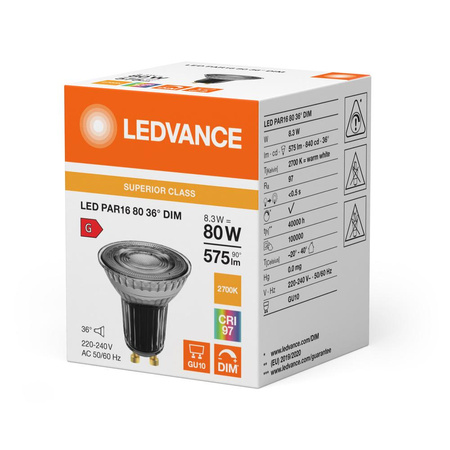 Żarówka LED Reflektor GU10 PAR16 8.3W = 80W 575lm 2700K Ciepła 36° CRI97 Ściemnialna Ledvance