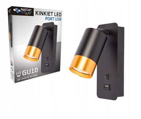 Lampa Ścienna Reflektor Kinkiet Spot do Czytania GU10 Czarny Złoty Klemens Masterled