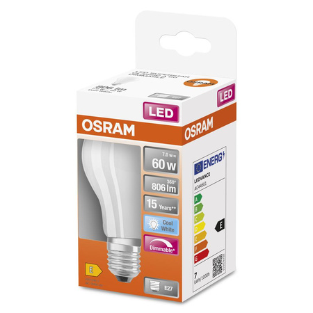Żarówka LED A60 E27 7W = 60W 806lm 4000K Neutralna 300° Ściemnialna Retrofit Filament CLASSIC Osram