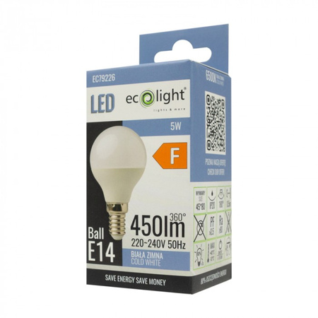 Żarówka LED Kulka P45 E14 5W 450lm 6500K Zimna Ecolight