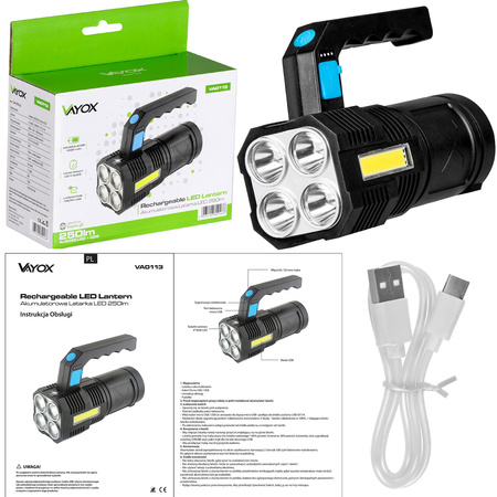 Latarka Akumulatorowa LED Szperacz 5W 250lm Lampka Ręczna Mocna 4XLED+COB VA0113 VAYOX