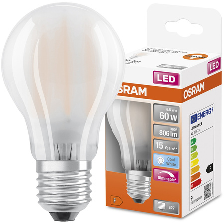 Żarówka LED E27 A60 6,5W = 60W 806lm 4000K Neutralna 300° Filament Ściemnialna OSRAM SUPER STAR