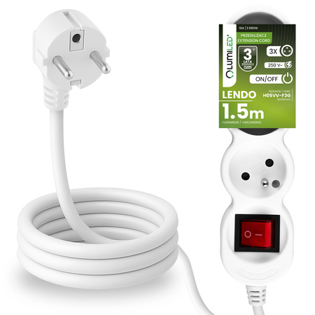 Przedłużacz Sieciowy Kabel z Uziemieniem Listwa Zasilająca 3 Gniazda 1.5m Włącznik ON/OFF Biały Sznur Lendo Lumiled