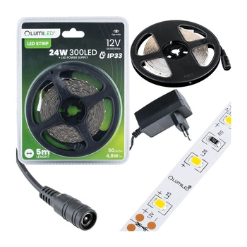 Zestaw Taśma LED Pasek 12V 24W 300LED SMD 2835 Ciepła 8mm 5m + Zasilacz