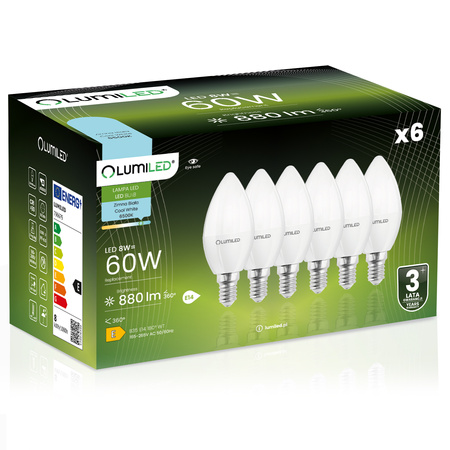 6x Żarówka LED E14 Świeczka B35 8W = 60W 880lm 6500K Zimna 180° LUMILED