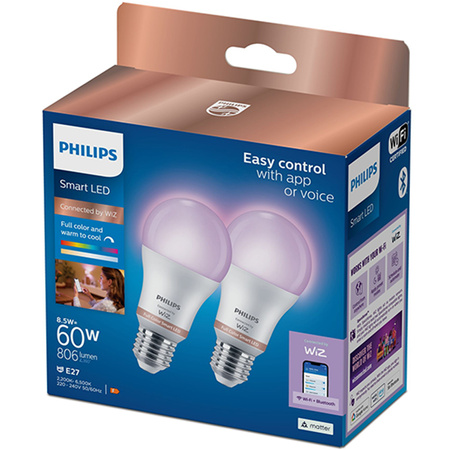 2x Żarówka LED E27 A60 8.5W = 60W 806lm 2200-6500K RGB + TW Inteligentna SMART WiFi Bluetooth Aplikacja WiZ Philips