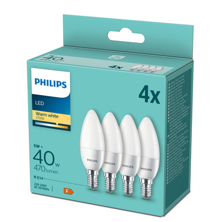 4PAK Żarówka LED E14 B35 4,9W = 40W 470lm 2700K Ciepła Mleczny PHILIPS