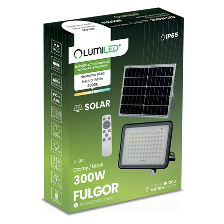 Naświetlacz Solarny LED Halogen 300W Lampa Ogrodowa 4000K IP65 Czujnik Ruchu PIR + Pilot FULGOR LUMILED