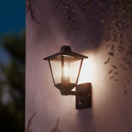 Kinkiet Ogrodowy Lampa Elewacyjna Zewnętrzna LATARNIA E27 IP44 z Czujnikiem Ruchu i Zmierzchu Czarna Kinno Philips